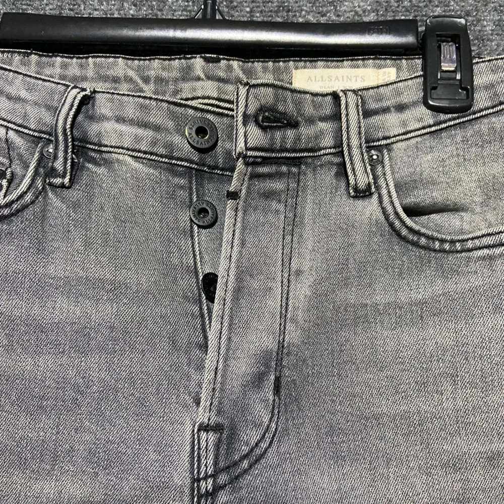 AllSaints Dean Slim Straight Grey Faded Jeans Size 30 Button Fly Raw Hem Grunge